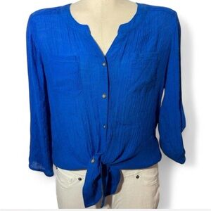 I.N. Studio Petite Blue Tie-Front Blouse Size PM